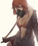  1girl backlighting bra breasts brown_eyes brown_hair cleavage coat erica_lahaie gas_mask gun large_breasts navel open_clothes open_coat original signature solo submachine_gun underwear weapon 