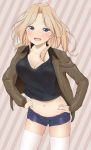  1girl :d blonde_hair blue_eyes blush breasts cleavage girls_und_panzer hands_on_hips highres jacket kay_(girls_und_panzer) long_hair looking_at_viewer mashimaru_(muzikluva) navel open_clothes open_jacket open_mouth shorts smile solo thigh-highs white_legwear 