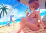  2girls alternate_costume arm_support back barefoot beach beach_umbrella bendy_straw bikini blanket blonde_hair blush bow bracelet breast_rest breasts brown_eyes closed_eyes clouds cocktail_umbrella crossover cup drink drinking_glass drinking_straw eyebrows eyebrows_visible_through_hair food fruit fukuro_ko_(greentea) gyarados hair_bow halterneck heart_straw highres ice ice_cube idolmaster idolmaster_cinderella_girls innertube jewelry jougasaki_mika jougasaki_rika long_hair mountain mouth_hold multiple_girls munchlax orange orange_slice palm_tree pendant pink_bikini pink_lips pokemon pokemon_(creature) pokemon_(game) ponytail purple_bow rainbow running sand shade shadow shelf siblings side-tie_bikini sisters sitting sky slowbro smile star_necklace starfish summer sweat swimsuit tree two_side_up umbrella wailord wet whismur 