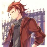  1boy artist_name black_scarf black_shirt building fence granblue_fantasy jacket looking_at_viewer male_focus mansion open_clothes open_jacket percival_(granblue_fantasy) red_eyes red_jacket redhead scarf shirt shuri_yasuyuki simple_background smirk solo upper_body white_background 