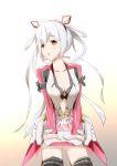 1girl absurdres ahoge breasts cleavage collarbone cowboy_shot gradient gradient_background hair_between_eyes hair_ornament highres long_hair long_sleeves looking_to_the_side matoi_(pso2) open_mouth phantasy_star phantasy_star_online_2 red_eyes schung_twps silver_hair solo thigh-highs twintails 