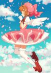  1girl angel_wings antenna_hair artist_name blue_sky blush bow brown_hair cardcaptor_sakura cherry_blossoms closed_eyes clouds dress flying full_body gloves hat highres holding_hands kinomoto_sakura petals pink_dress pink_hat profile puffy_sleeves shoes short_hair short_sleeves sky smile solo thigh-highs ume_ren upskirt white_gloves white_legwear wings 