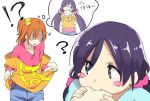  !? /\/\/\ 2girls :t ? blush_stickers bread bread_in_mouth breast_envy clothes_writing eating food hair_ribbon kasa_list kousaka_honoka kousaka_honoka_(cosplay) loose_clothes love_live!_school_idol_project multiple_girls one_side_up orange_hair purple_hair ribbon scrunchie shorts thought_bubble toujou_nozomi translated twintails 