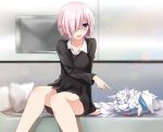  1girl :d :o arm_at_side bare_legs bed bed_sheet black-framed_glasses blush collarbone creature dust eyebrows eyebrows_visible_through_hair fate/grand_order fate_(series) fur glasses hair_over_one_eye lens_flare long_sleeves on_bed open_mouth parted_lips pillow pink_hair pointy_ears poking red_ribbon ribbon screen semi-rimless_glasses shielder_(fate/grand_order) short_hair smile tareme television tsuedzu under-rim_glasses violet_eyes white_fur 