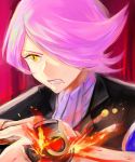  1boy clenched_teeth concrete_revolutio fang fire formal highres hitoyoshi_jirou jay_(jaybluejay) pink_hair short_hair signature slit_pupils solo suit teeth yellow_eyes 