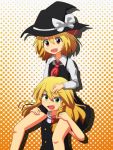  2girls :d blonde_hair bow braid carrying cato_(monocatienus) green_eyes hair_bow halftone halftone_background hand_on_another&#039;s_head hat hat_bow hat_removed headwear_removed highres kirisame_marisa long_hair looking_at_viewer multiple_girls open_mouth red_eyes rumia short_hair shoulder_carry side_braid sitting sitting_on_person smile touhou witch_hat 