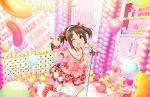  1girl ;d artist_request balloon bangs bare_shoulders boots bow brown_eyes brown_hair hair_bow hairband idolmaster idolmaster_cinderella_girls idolmaster_cinderella_girls_starlight_stage imai_kana long_hair looking_at_viewer microphone microphone_stand official_art one_eye_closed open_mouth plaid skirt smile solo thigh-highs twintails white_legwear wrist_cuffs zettai_ryouiki 