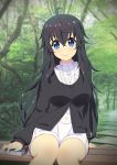  1girl ahoge black_hair blue_eyes blurry blush book breasts depth_of_field long_hair looking_at_viewer netoge_no_yome_wa_onna_no_ko_janai_to_omotta? smile solo tamaki_ako thighs zimajiang 