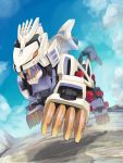  blue_sky blurry boris_(noborhys) claws clouds cloudy_sky depth_of_field fangs highres joints liger_zero lion mecha no_humans orange_eyes sky tail teeth zoids zoids_shinseiki/zero 