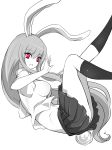  1girl animal_ears blouse breasts bunny_tail highres large_breasts long_hair midriff monochrome open_mouth pleated_skirt rabbit_ears raptor7 red_eyes reisen_udongein_inaba simple_background skirt sleeveless_blouse solo spot_color tail touhou very_long_hair white_background 