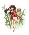  1girl bamboo black_hair breasts brown_eyes cleavage dress earrings food frills gloves hair_ornament highres jewelry long_hair long_legs original puffy_sleeves puky red_dress red_gloves solo standing thighs twintails very_long_hair 