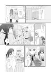  2girls comic glasses greyscale hair_ribbon long_hair long_sleeves mikawa_miso monochrome multiple_girls original pleated_skirt ribbon school_uniform skirt translation_request twintails 