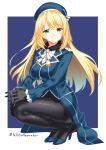  1girl atago_(kantai_collection) beret black_gloves black_legwear blonde_hair blue_background blue_eyes blue_hat blue_shoes border bow bowtie breasts buttons eyebrows eyebrows_visible_through_hair frilled_sleeves frills full_body fur_collar fur_trim gloves hat high_heels kantai_collection large_breasts long_hair long_sleeves military military_uniform own_hands_together pantyhose shoes simple_background solo squatting tel thighband_pantyhose uniform white_border white_bow white_bowtie 