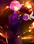  1boy air_(411471411471) armband bandaged_arm bandages concrete_revolutio fire flame formal hair_over_one_eye hitoyoshi_jirou long_sleeves pants pink_hair short_hair solo suit watch watch yellow_eyes 