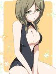  1girl :o amakusa_itsuki bare_shoulders breasts brown_hair cleavage cleavage_cutout collarbone green_eyes solo swimsuit 