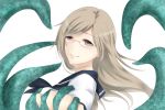  amakusa_itsuki brown_eyes brown_hair glasses hands_clasped long_hair looking_at_viewer sailor_collar simple_background smile tentacles white_background 