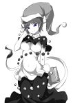  1girl book breasts doremy_sweet dress hat highres large_breasts looking_at_viewer monochrome nightcap pointy_ears pom_pom_(clothes) raptor7 short_hair short_sleeves simple_background smile solo spot_color tail touhou white_background 