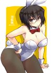  1girl alternate_costume animal_ears black_hair black_legwear bow bowtie breasts brown_eyes bunnysuit cleavage detached_collar fishnet_pantyhose fishnets girls_und_panzer kawashima_momo large_breasts monocle pantyhose rabbit_ears shinshin short_hair 