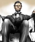  1boy abraham_lincoln artist_request beard bow bowtie facial_hair formal highres real_life sitting suit 