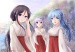  3girls artist_name bad_id bad_pixiv_id black_hair blue_hair copyright_name dated japanese_clothes kinom_(sculpturesky) long_hair miko multiple_girls myuu_(only_sense_online) only_sense_online sei_(only_sense_online) siblings sisters typo violet_eyes yun_(only_sense_online) 