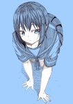  1girl bent_over blue_background fubuki_(kantai_collection) kantai_collection kouji_(campus_life) low_ponytail monochrome school_uniform serafuku short_hair 