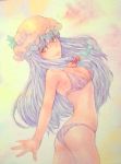  1girl ass blue_hair bow breasts cleavage hair_bow hat highres light_smile long_hair patchouli_knowledge red_eyes solo swimsuit touhou traditional_media watercolor_(medium) yuyu_(00365676) 