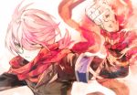  1boy arm_up armband bandaged_arm bandages clenched_hand concrete_revolutio fire flame formal frown hitoyoshi_jirou nameetake pink_hair scarf short_hair solo suit watch watch yellow_eyes 