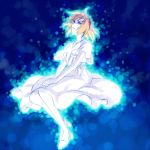  1girl blue_eyes breasts canon_memphis dress glowing hairband highres looking_up parted_lips redhead sandals short_hair solo soukyuu_no_fafner spoilers takenoko_(flamingo_garden) white_dress 