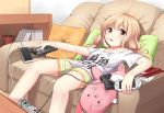  1girl arm_rest blonde_hair book_stack candy cellphone clothes_writing controller couch electric_socket futaba_anzu handheld_game_console idolmaster idolmaster_cinderella_girls indoors lollipop long_hair looking_at_viewer phone pillow plant playstation_vita pot potted_plant red_eyes remote_control shirt short_sleeves shorts sitting smartphone solo striped stuffed_animal stuffed_toy superpig_(wlstjqdla) twintails white_shirt 