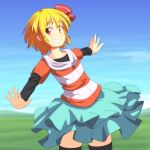  1girl alternate_costume aqua_skirt black_legwear blonde_hair blue_sky cato_(monocatienus) cowboy_shot fang grin hair_ribbon hood hoodie long_sleeves looking_at_viewer outdoors outstretched_arms red_eyes ribbon rumia short_hair skirt sky smile solo spread_arms striped_jacket teeth thigh-highs touhou zettai_ryouiki 