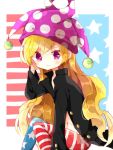  1girl american_flag_legwear bangs black_jacket blonde_hair blush clownpiece hat jacket jester_cap long_hair looking_at_viewer navel nikorashi-ka open_clothes pantyhose pink_eyes polka_dot simple_background sitting solo star striped touhou very_long_hair 