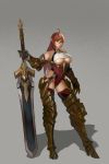  1girl absurdres ahoge armor bare_shoulders blue_eyes breasts brown_hair collarbone contrapposto elf gauntlets goldengear870 highres lips pointy_ears shadow simple_background solo sword thigh-highs two-handed_sword under_boob weapon 