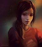  artist_name backlighting brown_eyes brown_hair closed_mouth ellie_(the_last_of_us) freckles hair_over_shoulder light_smile long_hair long_sleeves looking_at_viewer low_ponytail numyumy red_sweater shade sweater the_last_of_us upper_body watermark web_address 