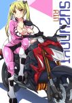  1girl bakuon!! bell biker_clothes bikesuit blonde_hair blush bodysuit breasts character_name cleavage full_body hair_bell hair_ornament hand_on_own_chest highres large_breasts long_hair looking_at_viewer motor_vehicle motorcycle orange_eyes sheita smile solo suzuki_(company) suzunoki_rin twintails vehicle 