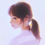  1girl ahoge blue_background blue_eyes blush earrings expressionless from_side ilya_kuvshinov jewelry lips long_hair nose_blush original parted_lips profile redhead rubber_duck_earrings shirt simple_background solo upper_body white_shirt 