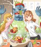  blonde_hair blue_skin brown_hair cellphone chopsticks commentary_request crying crying_with_eyes_open eggplant elf feeding hotpot mandragora mushi_gyouza onion orc original phone pointy_ears red_eyes redhead self_shot siblings sisters tears translated 