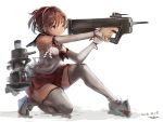  1girl 2016 aiming artist_name bare_shoulders brown_eyes brown_hair dated detached_sleeves gun kantai_collection kneeling natori_(kantai_collection) one_eye_closed rifle rudder_shoes sailor_collar short_hair thigh-highs toka_(marchlizard) turret uniform weapon 