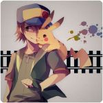  1boy baseball_cap brown_eyes grey_eyes hat hiroshi_(pokemon) male pikachu pokemon smile solo una 