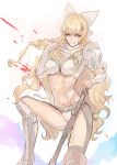  1girl :q armor axe battle_axe bikini_armor blonde_hair blood blue_eyes bow breasts charlotte_(fire_emblem_if) cleavage fire_emblem fire_emblem_if gauntlets greaves hair_bow iriya_(lonesome) large_breasts long_hair looking_at_viewer midriff muscle muscular_female navel nintendo smile solo spikes tongue tongue_out wavy_hair weapon white_bow 