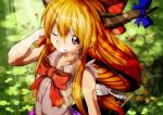  1girl ;p bow brown_eyes eyebrows eyebrows_visible_through_hair flower from_above grass hair_bow hand_in_hair horn horn_ribbon horns ibuki_suika light_rays long_hair looking_at_viewer one_eye_closed oni orange_hair pursechan ribbon shirt sleeveless sleeveless_shirt smile solo sunbeam sunlight tongue tongue_out touhou 