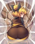  1girl ass blonde_hair bow brown_dress brown_eyes dress fun_bo hair_bow hair_bun juliet_sleeves kurodani_yamame long_sleeves looking_at_viewer looking_back puffy_sleeves shirt silk solo spider_web touhou 