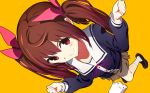  1girl bangs blush brown_eyes brown_hair commentary_request from_above fueru_nattou full_body hair_ribbon long_hair long_sleeves looking_at_viewer looking_up original ribbon school_uniform skirt smile solo twintails 