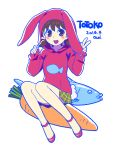  1girl animal_hood brown_eyes brown_hair bunny_hood bunny_tail carrot character_name dated fish green_skirt hair_ribbon hood hoodie osomatsu-kun osomatsu-san plaid plaid_skirt rasuteru ribbon short_twintails simple_background sitting skirt solo tail twintails v white_background yowai_totoko 