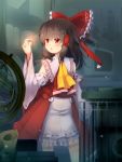  1girl ascot bow brown_hair curiosities_of_lotus_asia detached_sleeves frilled_skirt frills gengetsu_chihiro glowing hair_bow hair_tubes hakurei_reimu highres indoors red_bow red_eyes ribbon-trimmed_sleeves ribbon_trim scroll sidelocks skirt solo standing touhou 