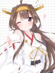  1girl ahoge blue_eyes brown_hair cup double_bun hairband highres japanese_clothes kantai_collection kongou_(kantai_collection) long_hair nontraditional_miko one_eye_closed smile teacup uchuuneko 