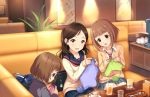  3girls :d :o ayase_honoka bag black_legwear booth brown_eyes brown_hair cardigan coffee cup drink drinking_glass drinking_straw idolmaster idolmaster_cinderella_girls idolmaster_cinderella_girls_starlight_stage kitami_yuzu knitting knitting_needle kudou_shinobu latte_art looking_at_viewer multiple_girls necktie needle official_art open_mouth pantyhose saucer school_bag school_uniform serafuku smile spoon 