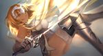  1girl armor armored_boots armpits ass bare_shoulders blonde_hair boots breasts brown_eyes chain closed_mouth fate/apocrypha fate_(series) gauntlets gold_chain grey_background headpiece hei_tong_shi highres holding holding_sword holding_weapon large_breasts long_hair metal_boots rotated ruler_(fate/apocrypha) see-through simple_background smile solo standing sword thigh-highs thighs underbust unsheathed very_long_hair weapon white_legwear 