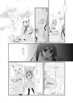  3girls comic glasses greyscale hair_ribbon long_hair long_sleeves mikawa_miso monochrome multiple_girls original pleated_skirt ribbon school_uniform skirt translation_request twintails 