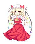  1girl :&lt; absurdres alternate_hairstyle ascot blonde_hair blush cheunes crystal flandre_scarlet hat hat_ribbon highres mob_cap puffy_sleeves red_eyes ribbon shirt short_sleeves skirt skirt_set solo touhou twintails vest wings wrist_cuffs 