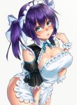  1girl :o ahoge apron bare_shoulders blue_bow blue_bowtie blue_eyes blush bow bowtie breasts cleavage covered_nipples detached_collar frills hair_between_eyes hair_bow keita_(tundereyuina) large_breasts leaning_forward lips maid maid_headdress naked_apron original parted_lips pinky_out pinky_to_mouth puffy_short_sleeves puffy_sleeves purple_hair shiny shiny_skin short_sleeves shoulder_cutout side_ponytail solo tareme thighs 
